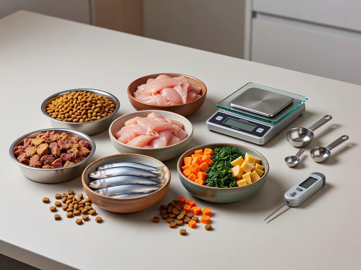 Bowls and ingredients representing pet-food quality evaluation