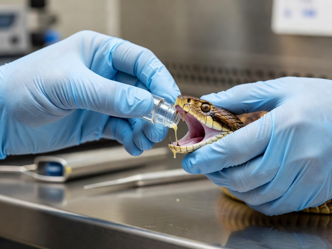 Close view of careful laboratory work representing venom collection