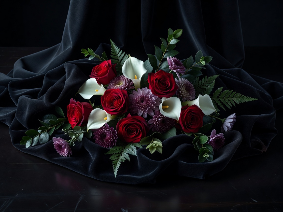 Formal flowers and dark fabric representing ceremonial mourning work