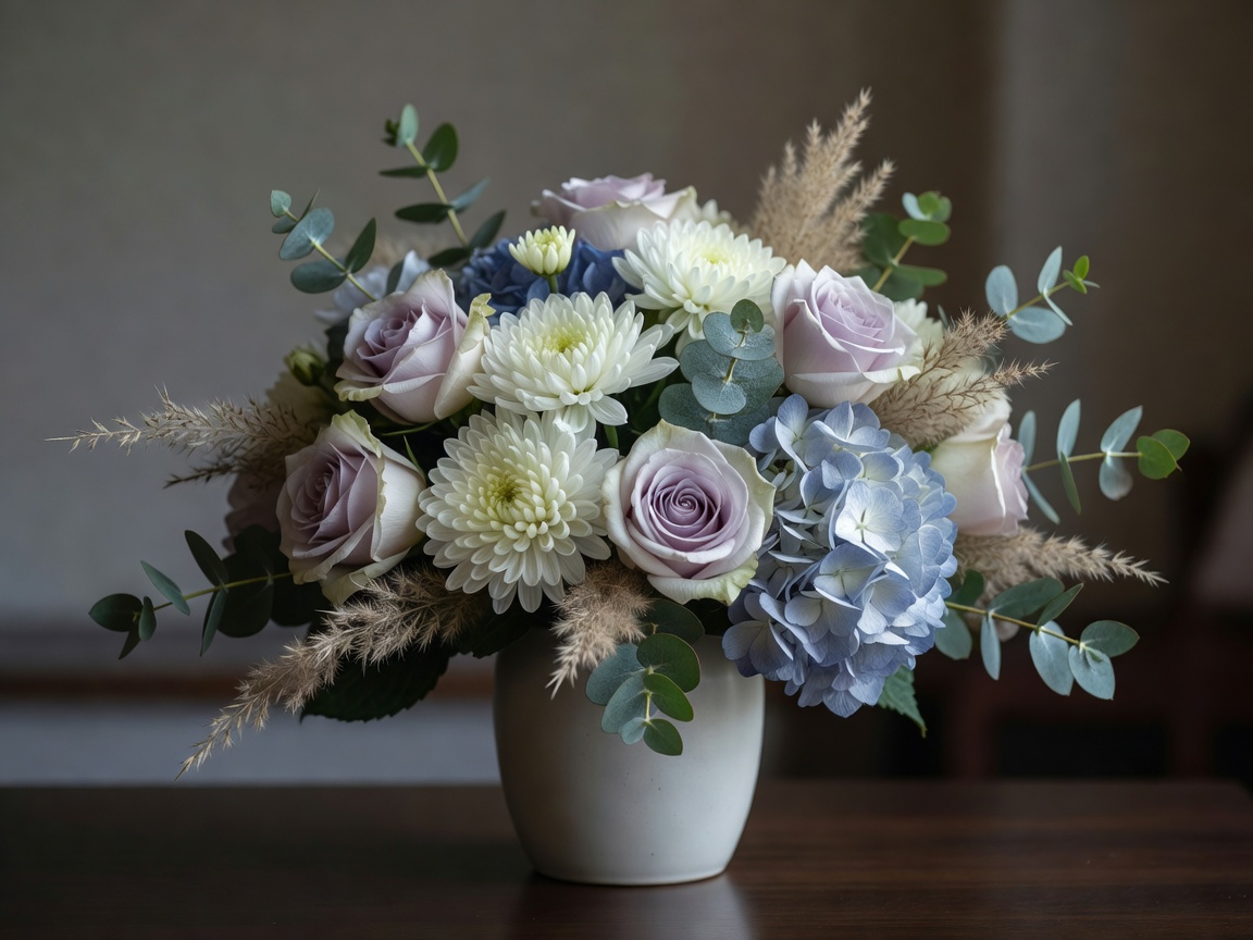 Muted flowers arranged for a respectful memorial ceremony