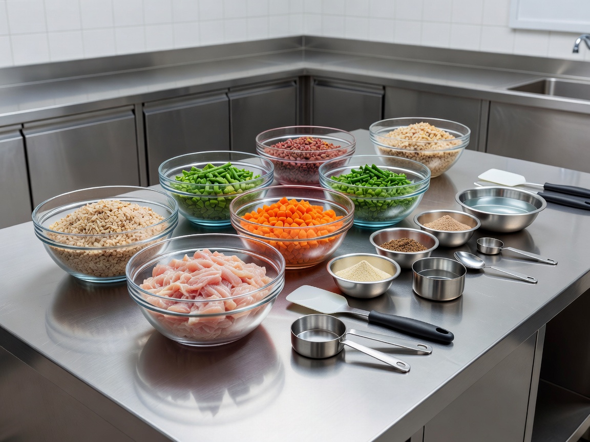 Prepared ingredients and bowls in a pet-food quality workspace